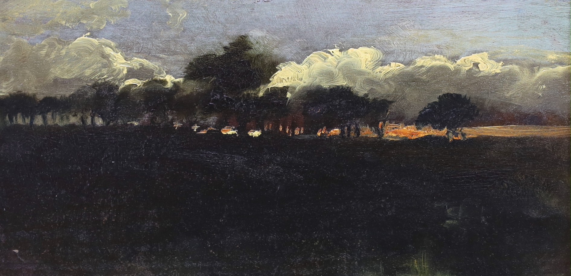 English School c.1890, oil on board, Tree line at sunset, 14 x 27cm